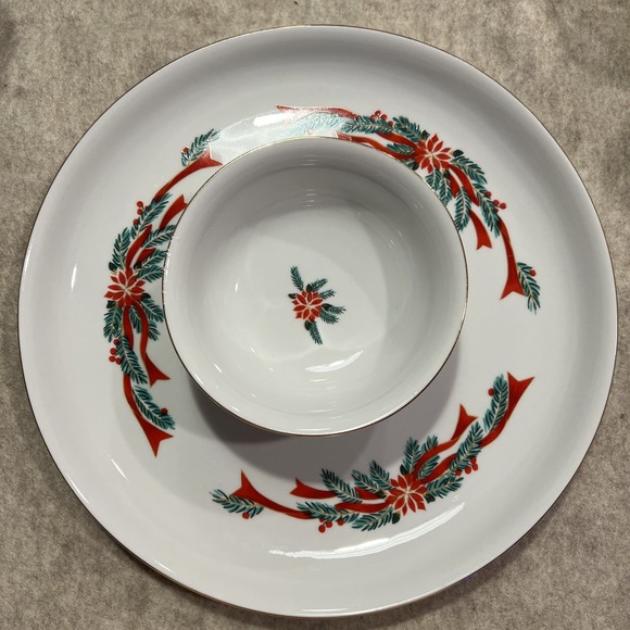 Tienshan Other - Vintage Tienshan POINSETTIA &‎ RIBBONS Chips & Dip Serving Set EUC